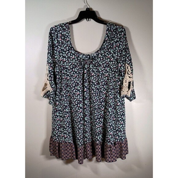 Easel Swing Floral Deep Scoop Neck Flowy Mini Lace 3/4 Sleeve Dress Size Large - Picture 1 of 7